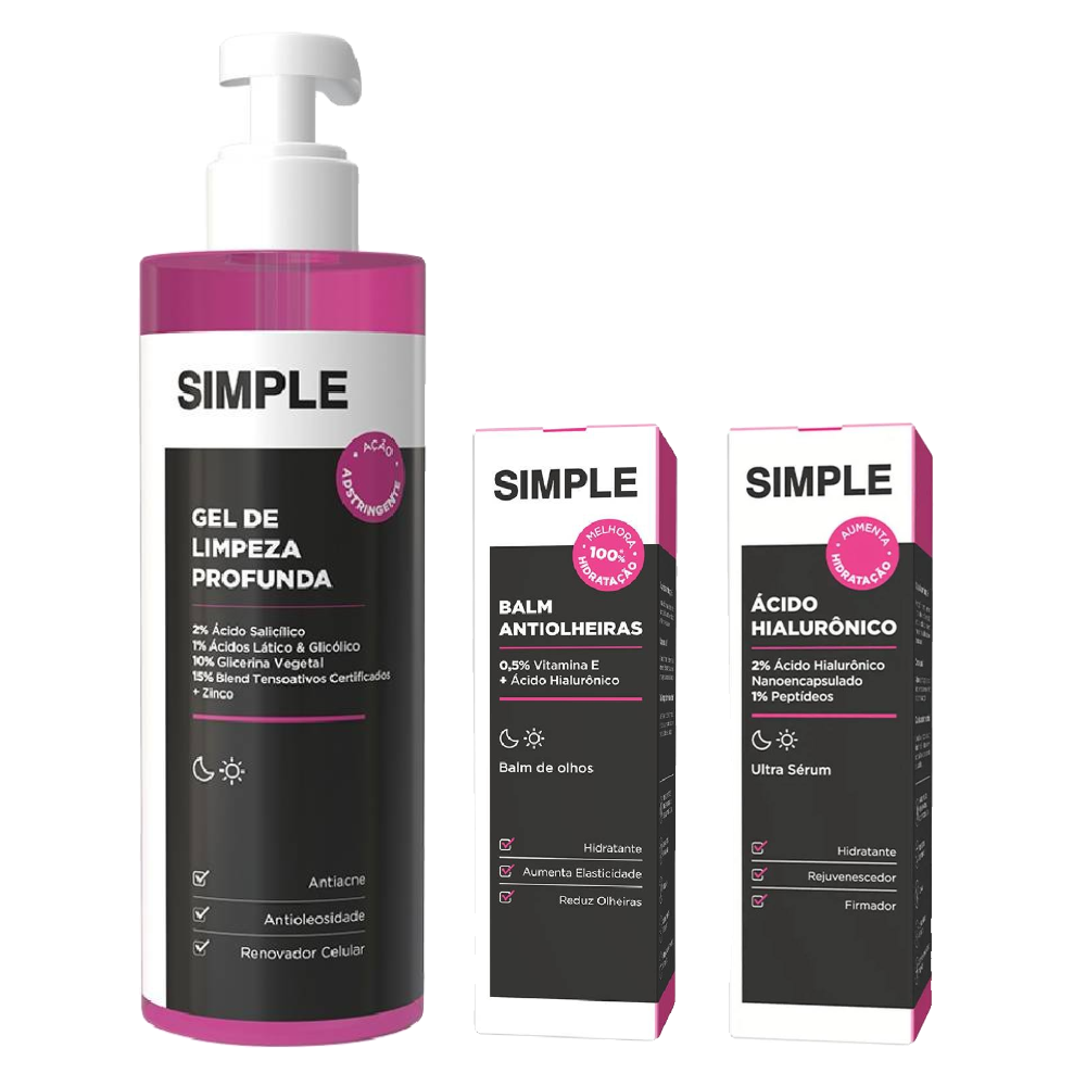 Kit Simple Gel De Limpeza Facial Organic Profunda 350g + Sérum Facial Ácido Hialurônico 30ml + Balm Antiolheiras Stick 12g