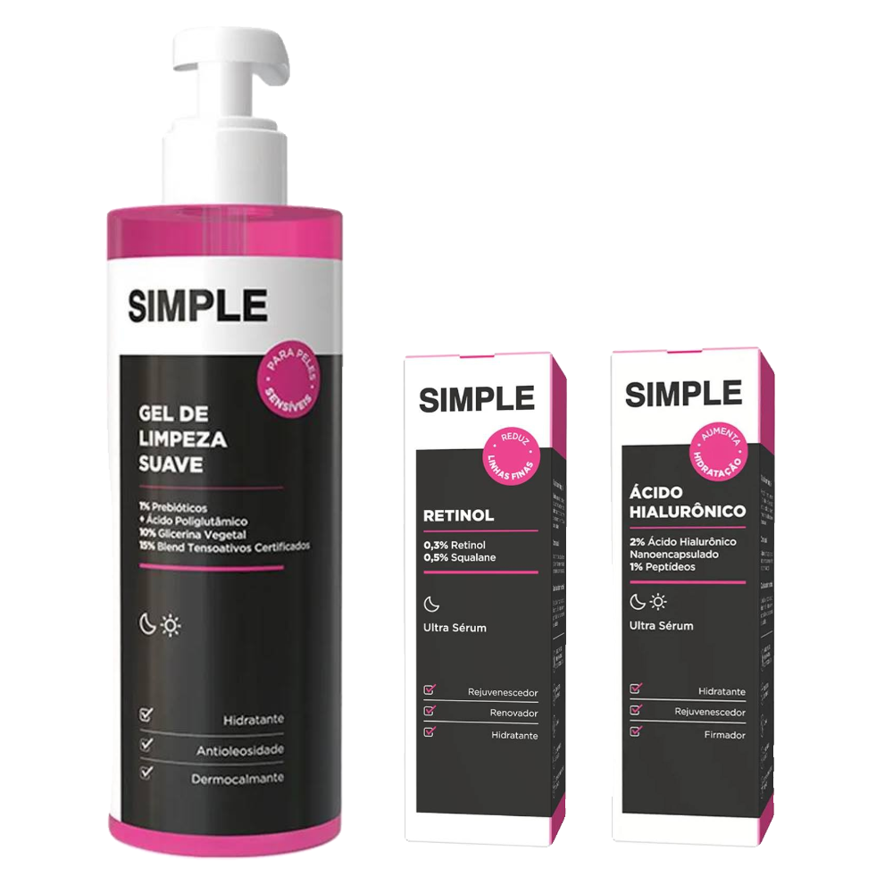 Kit Simple Sérum Facial Retinol 30ml + Gel De Limpeza Facial Suave 350g + Sérum Facial Ácido Hialurônico 30ml