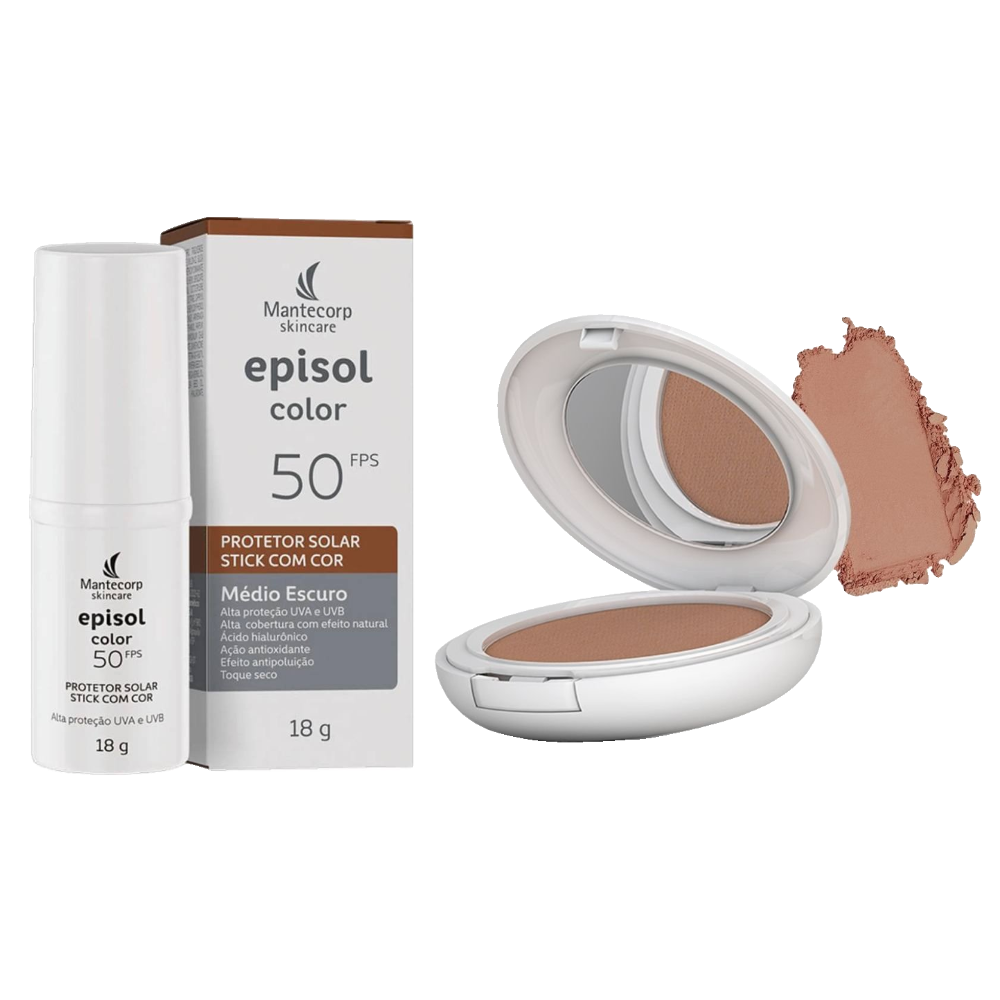 Kit Protetor Solar Episol Color Pó Compacto Pele Morena Mais Fps 50 10g + Protetor Solar Facial Color Stick Médio Escuro Fps50 18g
