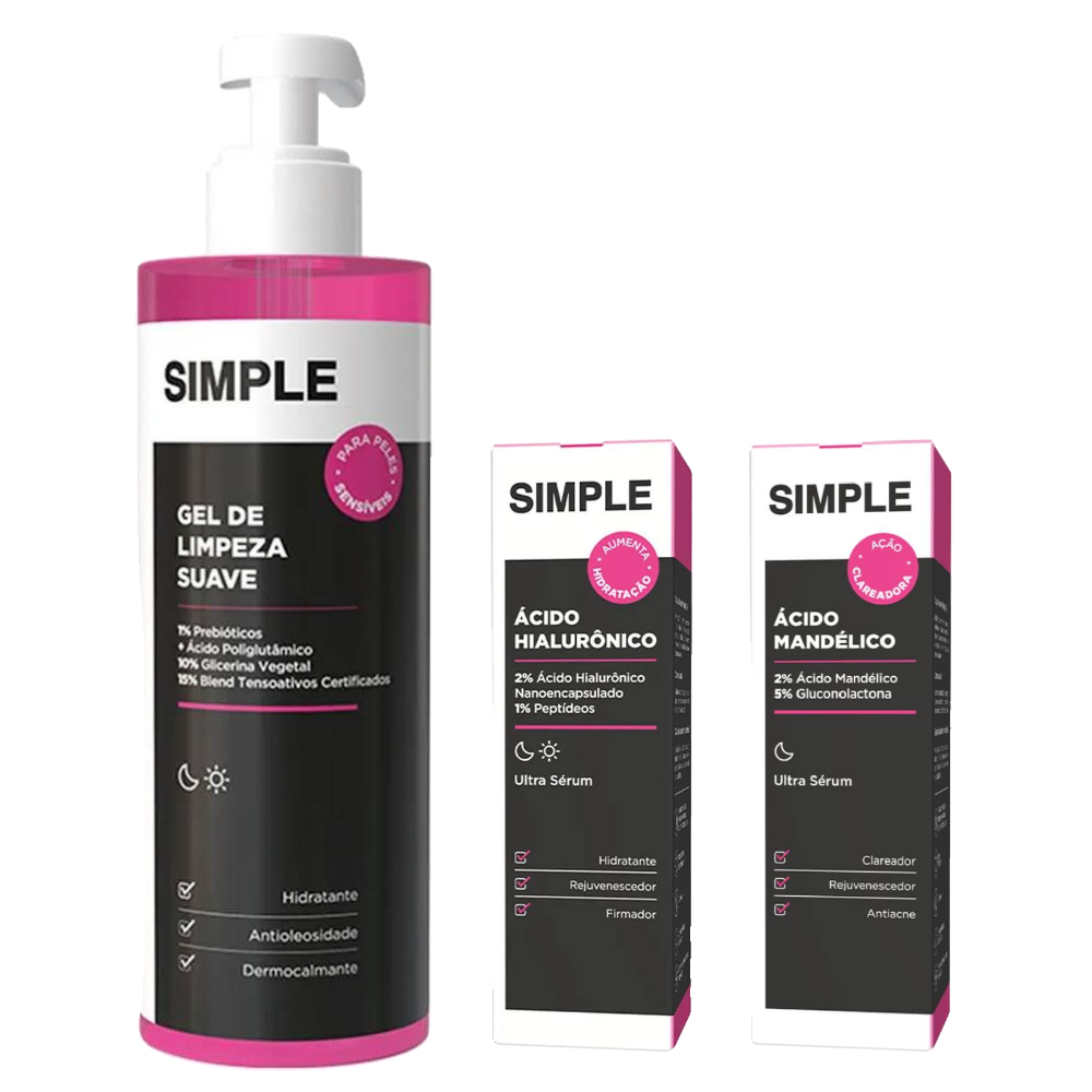 Kit Simple Gel De Limpeza Facial Suave 350g + Sérum Facial Ácido Mandélico 30ml + Sérum Facial Ácido Hialurônico 30ml