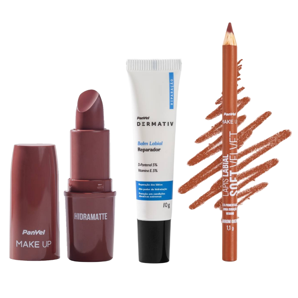 Kit Panvel Batom Cacau Quente Hidramatte Make Up 3,4g + Lápis Para Contorno Labial Marrom Quente Make Up 1g + Hidratante Labial Reparação Dermativ 10g