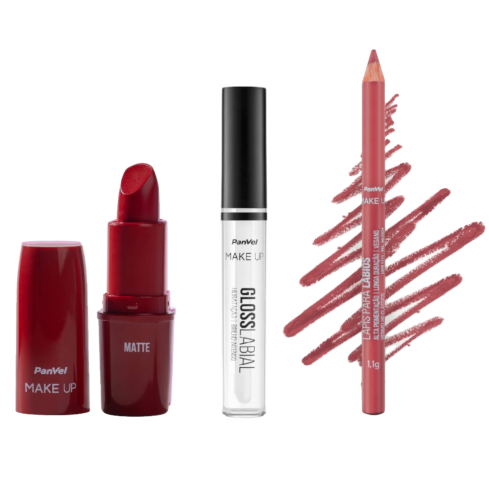 Kit Panvel Batom Vermelho Escarlate Matte Make Up 3,4g + Lápis Delineador Para Lábios Vermelho Clássico Make Up 1,1g + Gloss Labial Make Up Crystal 3,5g