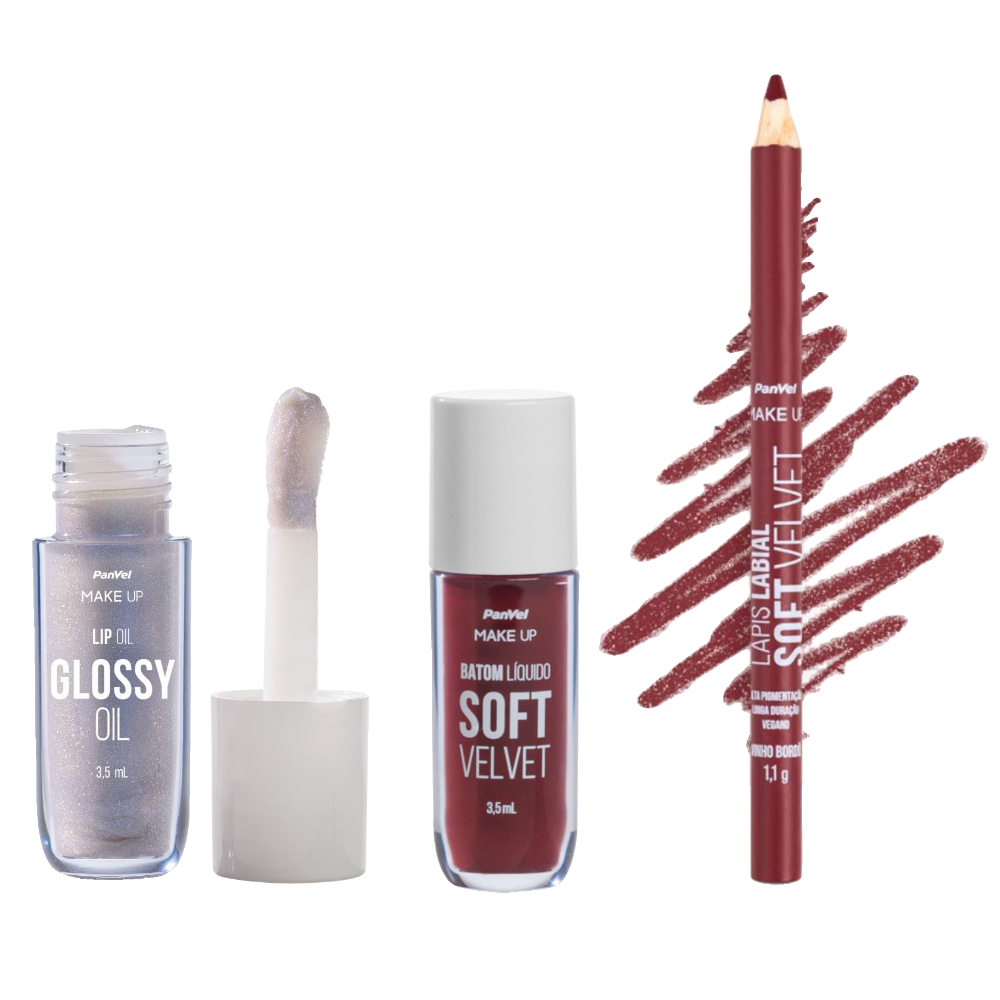 Kit Panvel Lip Oil Make Up Shimmer 3,5ml + Lápis Para Contorno Labial Vinho Bordô Make Up 1g + Batom Líquido Soft Velvet Vinho Icônico Make Up 3,5ml