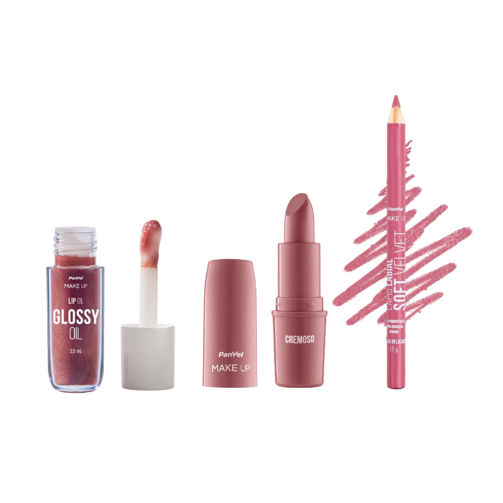 Kit Panvel Lápis Para Contorno Labial Malva Delicado Make Up 1g + Lip Oil Lush 3,5ml + Batom Cremoso Nude Chic