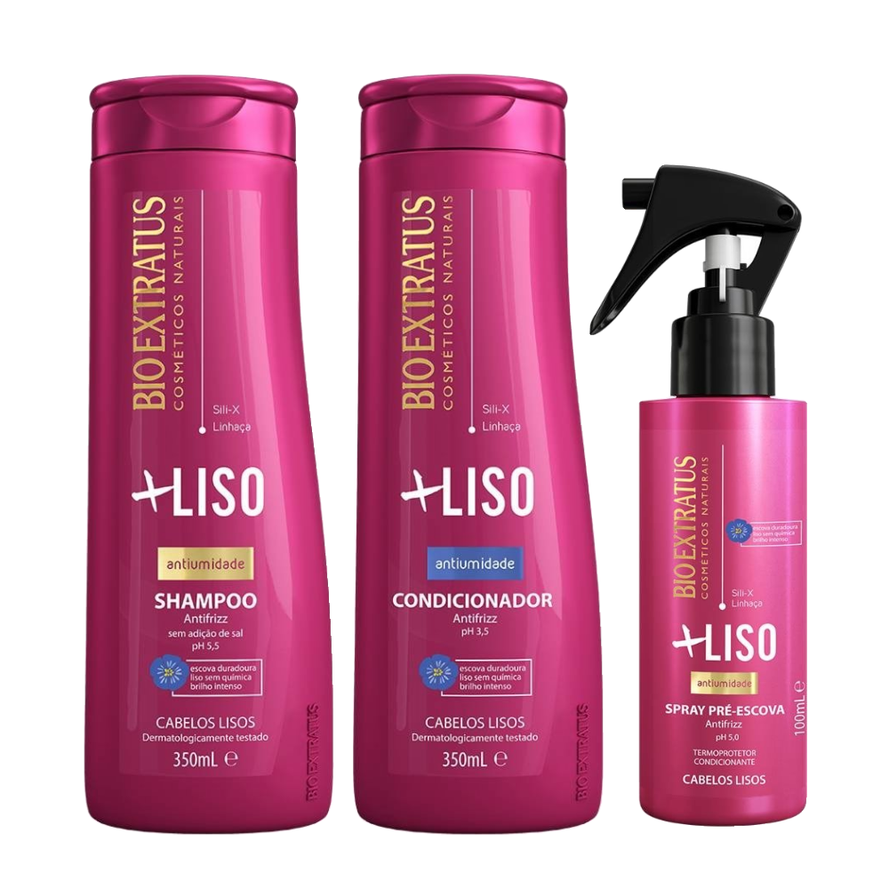 Kit Bio Extratus Protetor Térmico E Spray Finalizador Capilar Mais Liso 100ml + Condicionador 350ml + Shampoo 350ml