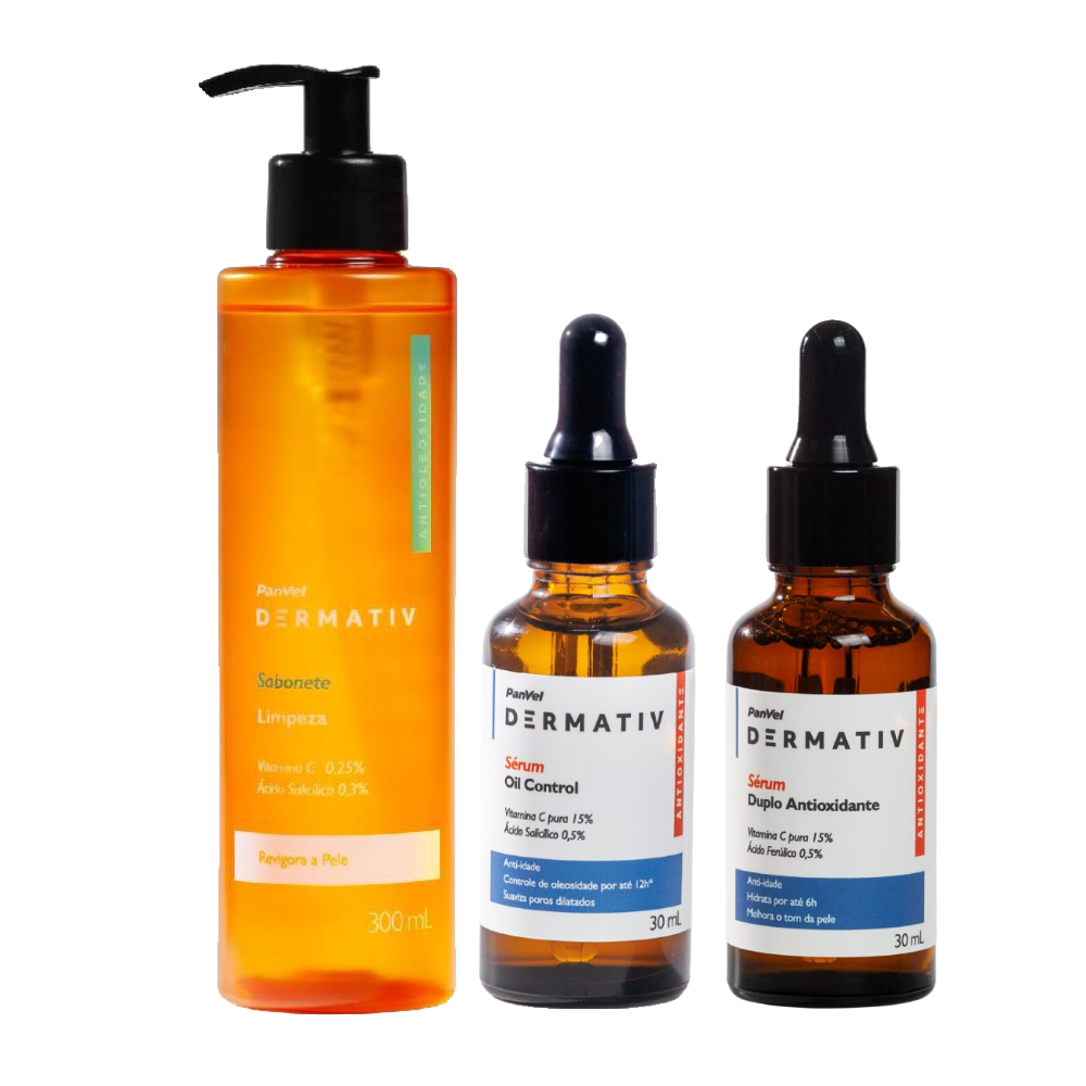 Kit Panvel Sabonete Limpador Dermativ Vitamina C 300ml + Sérum Facial Vitamina C + Ácido Salicílico 30ml + Sérum Facial Anti Idade 30ml
