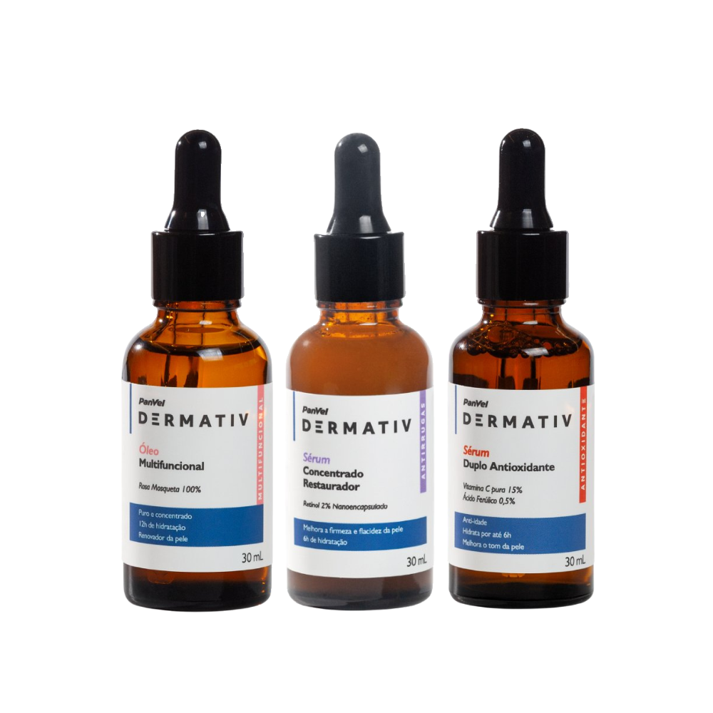 Kit Panvel Óleo Facial Rosa Mosqueta 100% Dermativ 30ml + Sérum Facial Anti Idade 30ml +sérum Facial Retinol 2% 30ml
