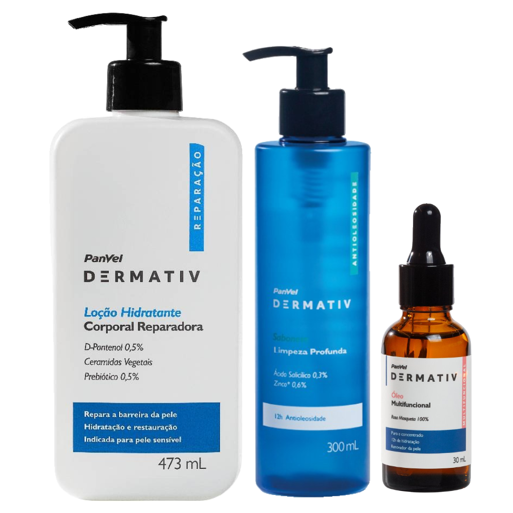 Kit Panvel Dermativ Loção Hidratante Corporal Reparação 473ml + Gel De Limpeza Facial Ácido Salicílico 0,3% + Zinco 0,6% 300ml + Óleo Facial Rosa Mosqueta 100% 30ml