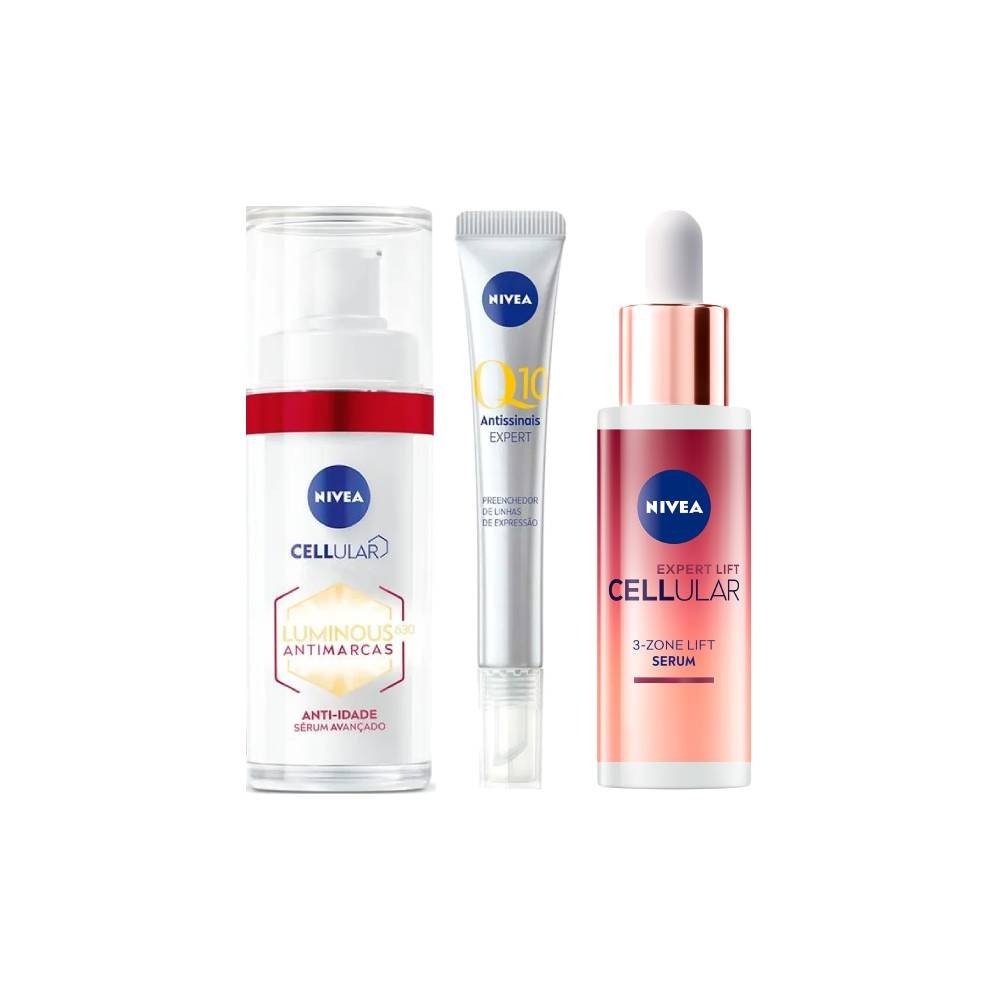 Kit Skincare Nivea Sérum Facial Efeito Lifting Cellular Expert Lift Bakuchiol 30ml + Sérum Facial Cellular Luminous 630 Antimarcas 30ml + Preenchedor Facial Antissinais Q10 Expert 15ml