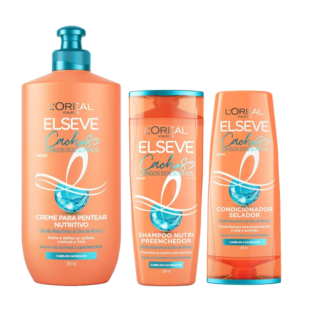 Kit Elseve Creme Para Pentear Nutritivo L'oréal Paris Cachos Longos Dos Sonhos 250ml + Condicionador 200ml + Shampoo 200ml