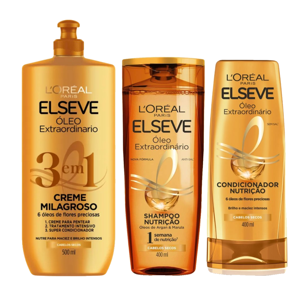 Kit Elseve Shampoo L'oréal Paris Óleo Extraordinário 400ml + Creme Milagroso 500ml + Condicionador 400ml