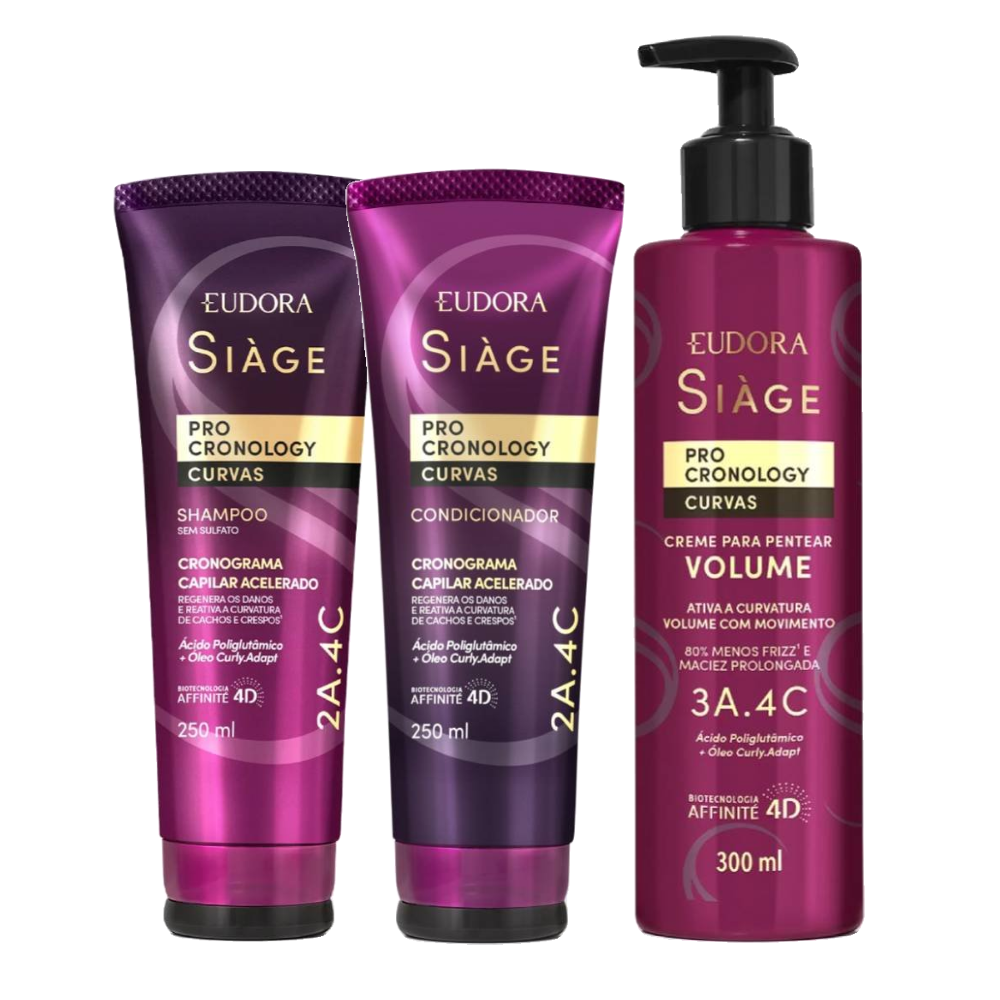 Kit Eudora Siage Creme Para Pentear Volume Siàge Pro Cronology Curvas 300ml + Shampoo 250ml + Condicionador 250ml
