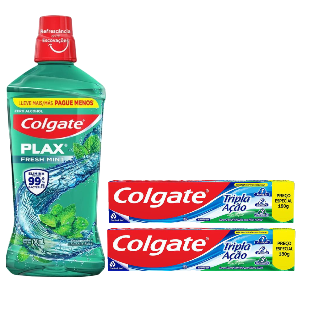 Kit 2 Cremes Dentais Colgate Tripla Ação 180g + Enxaguante Bucal Plax Fresh Mint Zero Alcool 750ml