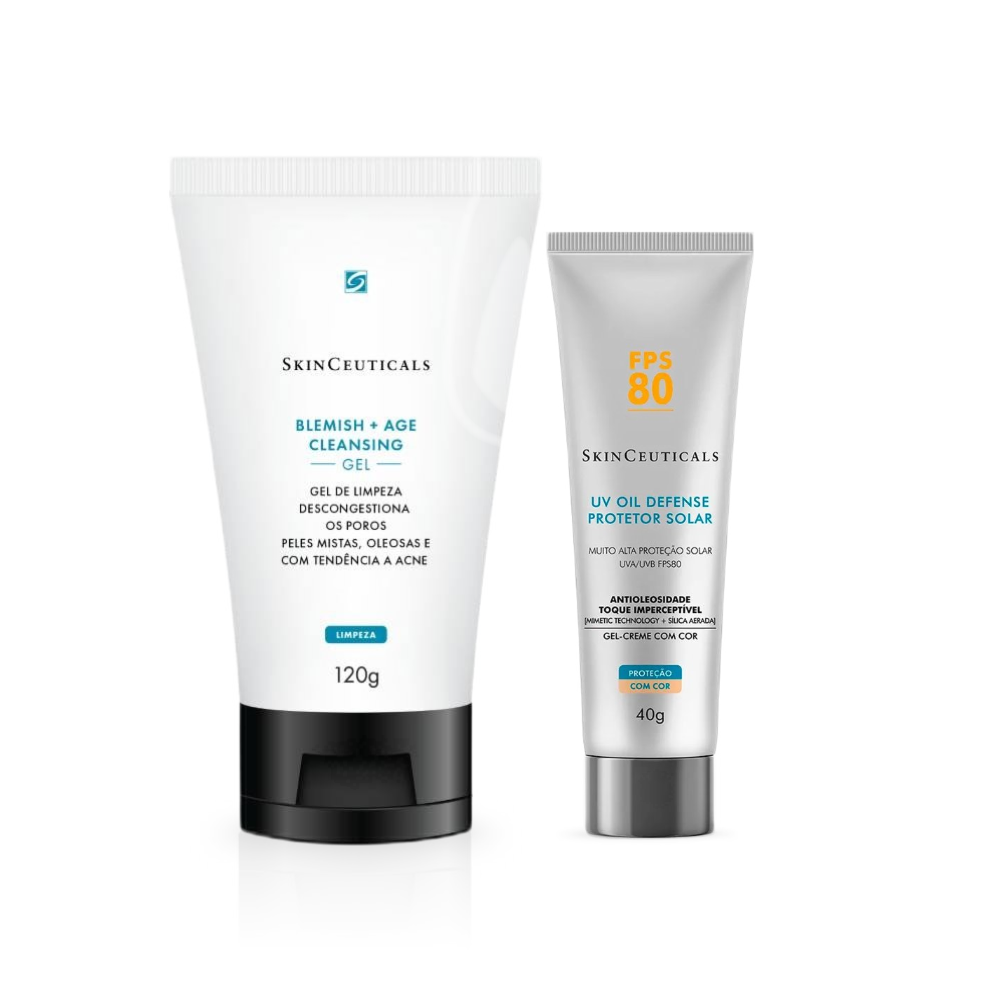 Kit Skinceuticals Protetor Solar Facial Uv Oil Defense Com Cor Fps80 40g + Gel De Limpeza Facial Blemish + Age Cleansing 120g