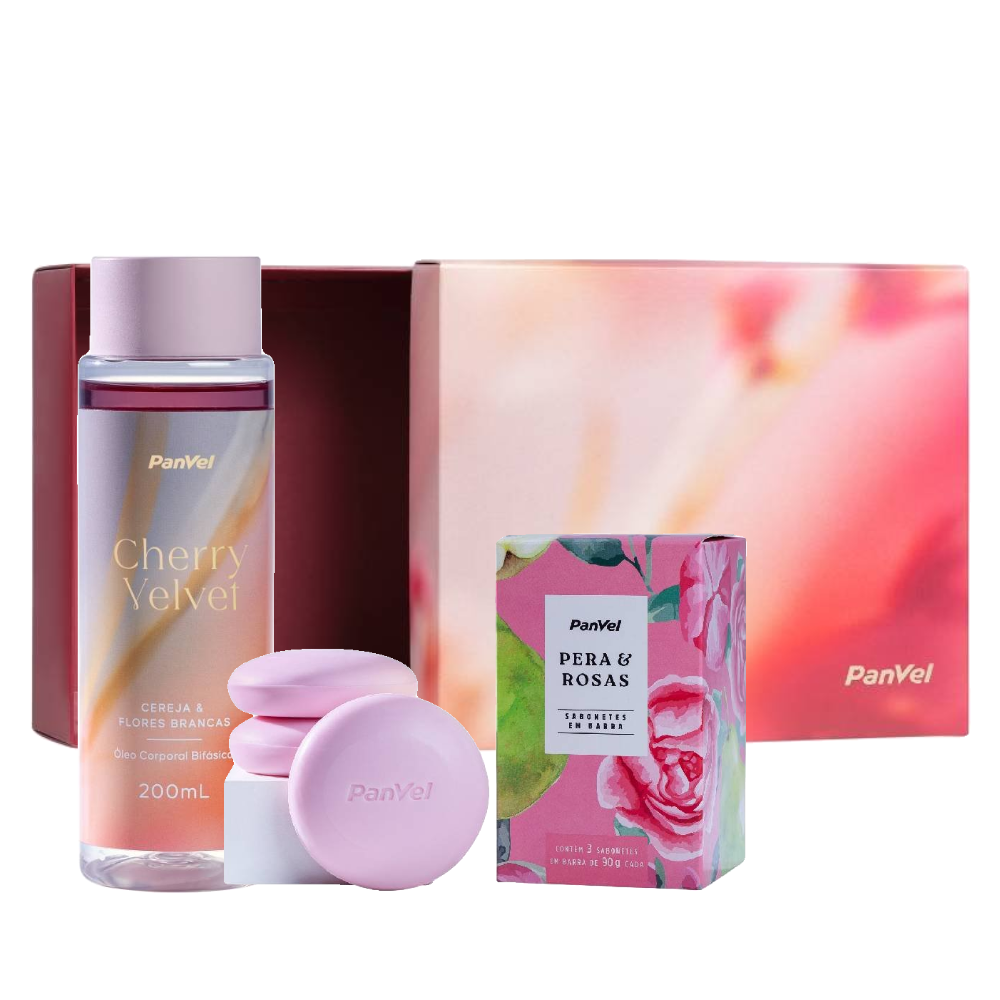 Kit Panvel Dia Das Mães Caixa Presenteável Mães + Kit Sabonetes Em Barra Trio 3 Unidades 90g + Óleo Desodorante Bifásico Corporal Cherry Velvet 200ml 