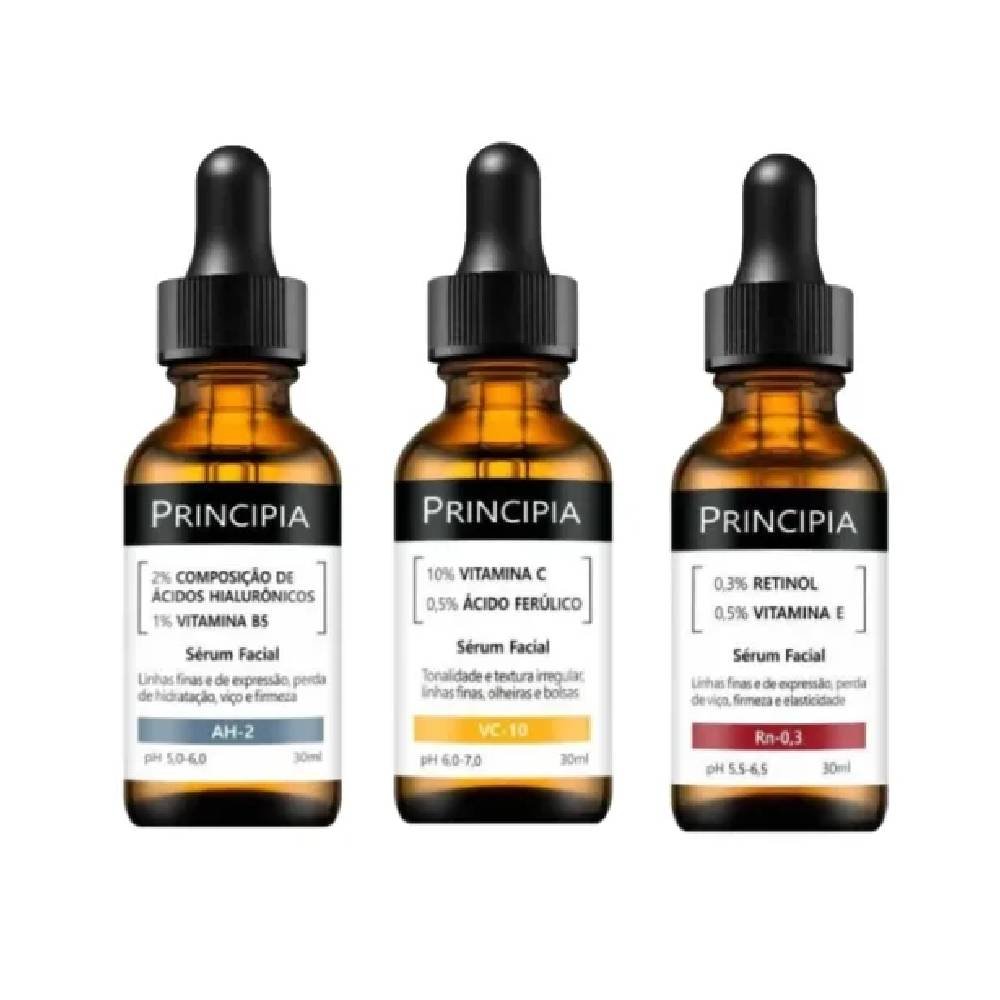 Kit Principia Sérum Facial Anti Idade Ah 2 Ácido Hialurônico 2% + Vitamina B5 1% 30ml + Sérum Facial Anti Idade Rn 0,3 Retinol 0,3% 30ml + Sérum Facial Antioxidante Vc 10 30ml