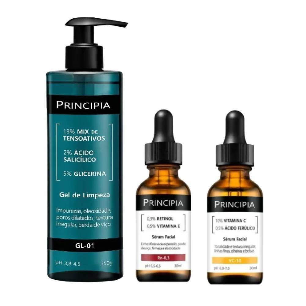 Kit Principia Sérum Facial Antioxidante Vc 10 30ml + Sérum Facial Anti Idade Rn 0,3 Retinol 0,3% 30ml + Gel De Limpeza Facial Gl 01 350g