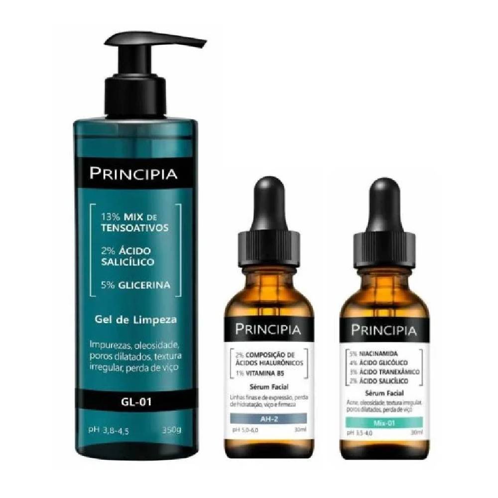 Kit Principia Sérum Facial Antiacne E Oleosidade Mix 01 30ml + Gel De Limpeza Facial Gl 01 350g + Sérum Facial Anti Idade Ah 2 Ácido Hialurônico 2% + Vitamina B5 1% 30ml