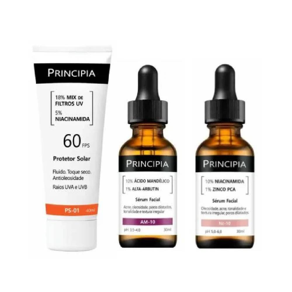 Kit Principia Sérum Facial Antiacne E Oleosidade Nc 10 Niacinamida 10% 30ml + Protetor Solar Facial Ps 01 Fps 60 40ml + Sérum Facial Antiacne E Oleosidade Am 10 Ácido Mandélico 10% 30ml