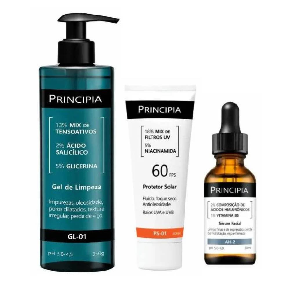 Kit Principia Gel De Limpeza Facial Gl 01 350g + Sérum Facial Anti Idade Ah 2 Ácido Hialurônico 2% + Vitamina B5 1% 30ml + Protetor Solar Facial Ps 01 Fps 60 40ml