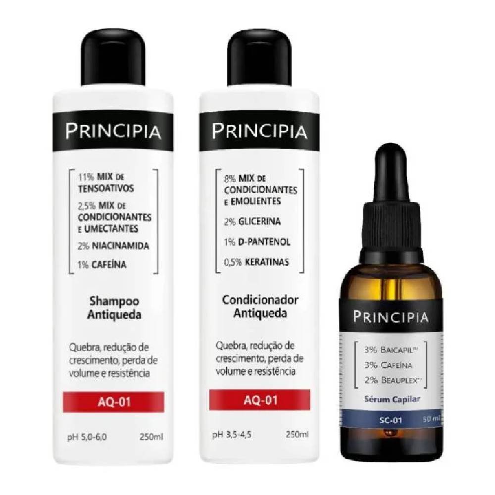 Kit Principia Sérum Capilar Sc 01 Baicapil 3% + Cafeína 3% + Beauplex 3% 50ml + Shampoo Antiqueda Aq 01 250ml + Condicionador Antiqueda Aq 01 250ml