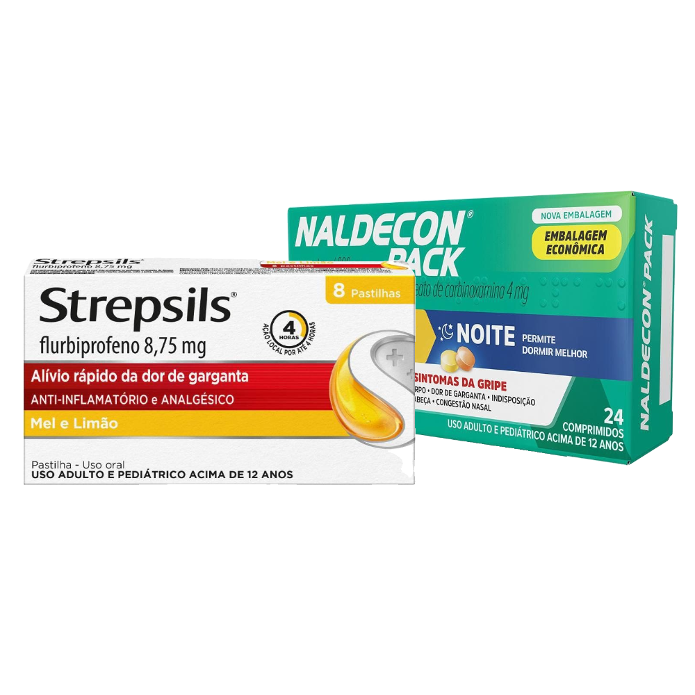 Kit Pastilhas Para Garganta Strepsils Sabor Mel E Limão Caixa 8 Pastilhas + Naldecon Dia E Noite Paracetamol 800mg + Cloridrato De Fenilefrina 20mg 24 Comprimidos