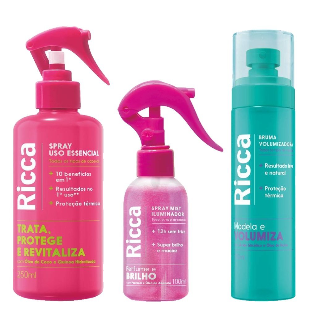 Kit Capilar Ricca Spray Capilar Mist Iluminador 100ml + Spray Capilar Uso Essencial 250ml + Bruma Volumizadora 150ml