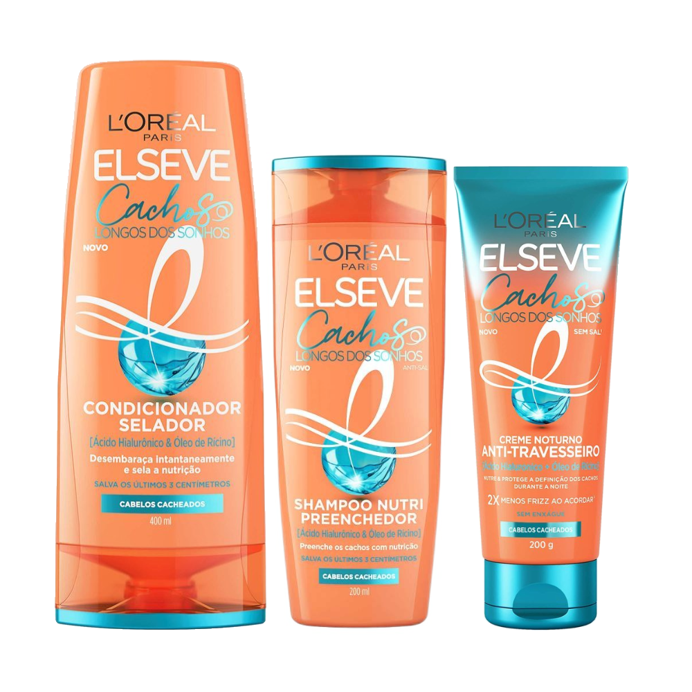 Kit Capilar Elseve Creme Noturno Anti Travesseiro L'oréal Paris Cachos Longos Dos Sonhos 200ml + Shampoo 200ml + Condicionador 400ml