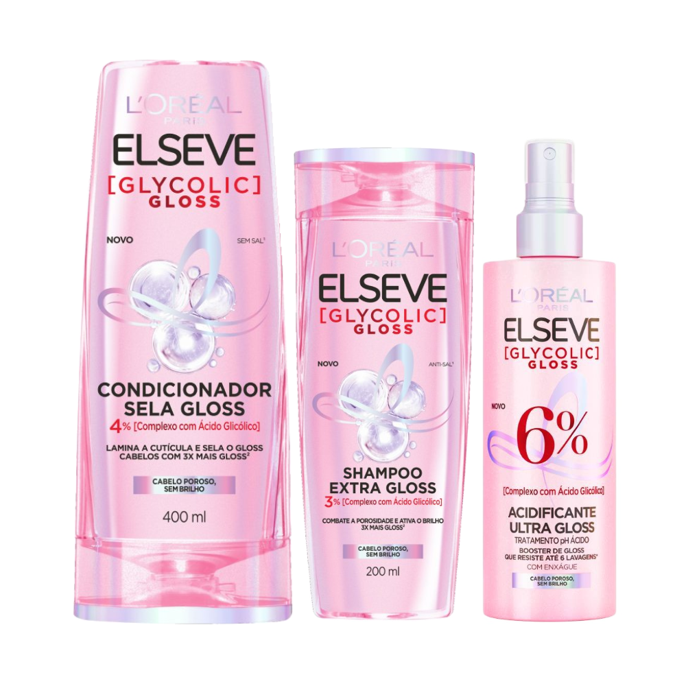 Kit Capilar Elseve Acidificante Ultra Gloss Loréal Paris Glycolic Gloss 200ml + Condicionador 400ml + Shampoo 200ml