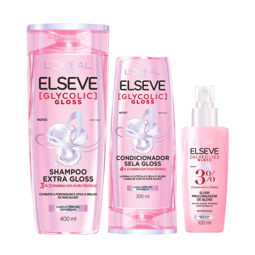Kit Capilar Elseve Shampoo L'oreal Paris Glycolic Gloss 400ml + Sérum 100ml + Condicionador 200ml