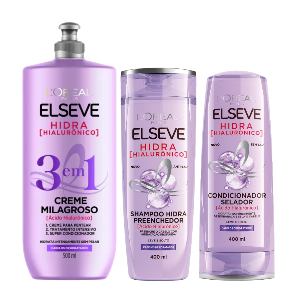 Kit Capilar Elseve Shampoo Preenchedor L'oréal Paris Hidra Hialurônico 400ml + Creme Milagroso 500ml + Condicionador 400ml