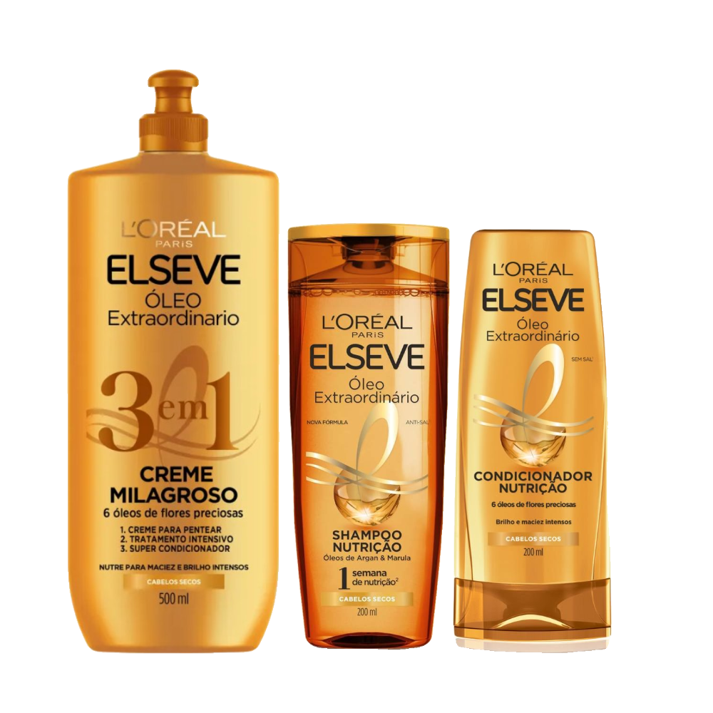 Kit Capilar Elseve Shampoo L'oréal Paris Óleo Extraordinário 200ml + Condicionador 200ml + Creme Milagroso 500ml