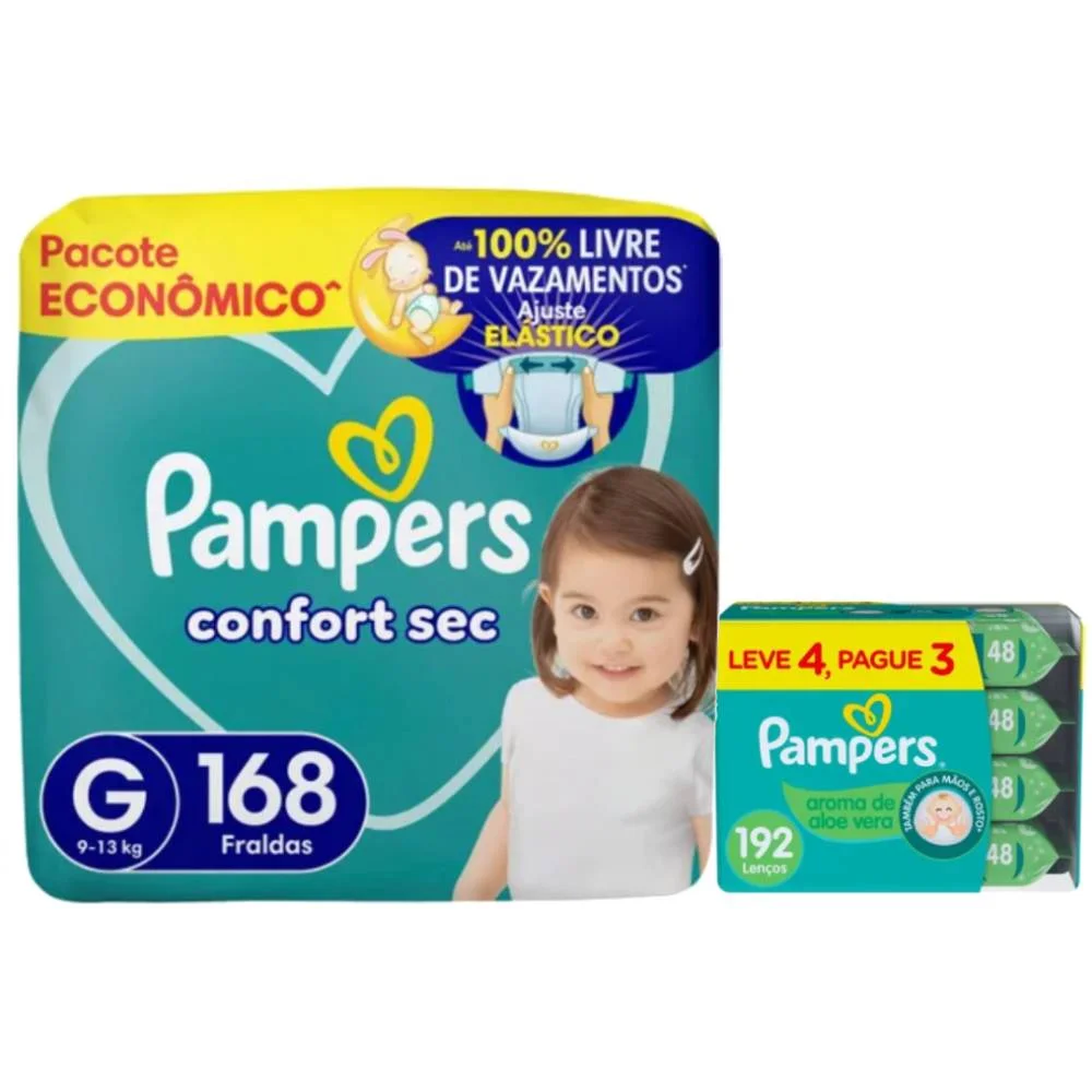 Kit Chá De Fralda Pampers Confort Sec Ultra G 168 Unidades + Lenços Umedecidos Aloe Vera Leve 4 Pague 3 Com 48 Unidades