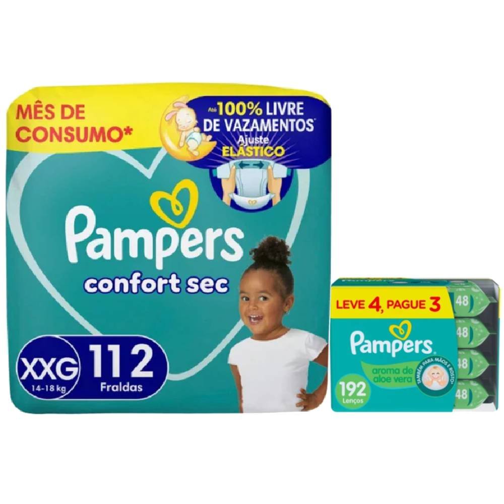 Kit Chá De Fralda Pampers Confort Sec Jumbo Xxg 112 Unidades + Lenços Umedecidos Aloe Vera Leve 4 Pague 3 Com 48 Unidades