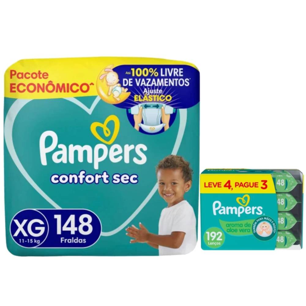 Kit Chá De Fralda Pampers Confort Sec Ultra Xg 148 Unidades + Lenços Umedecidos Aloe Vera Leve 4 Pague 3 Com 48 Unidades