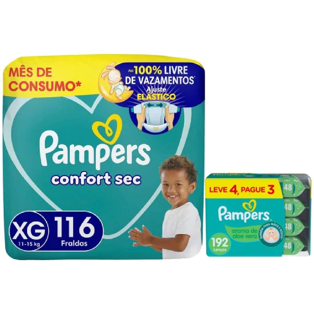 Kit Chá De Fralda Pampers Confort Sec Jumbo Xg 116 Unidades + Lenços Umedecidos Aloe Vera Leve 4 Pague 3 Com 48 Unidades