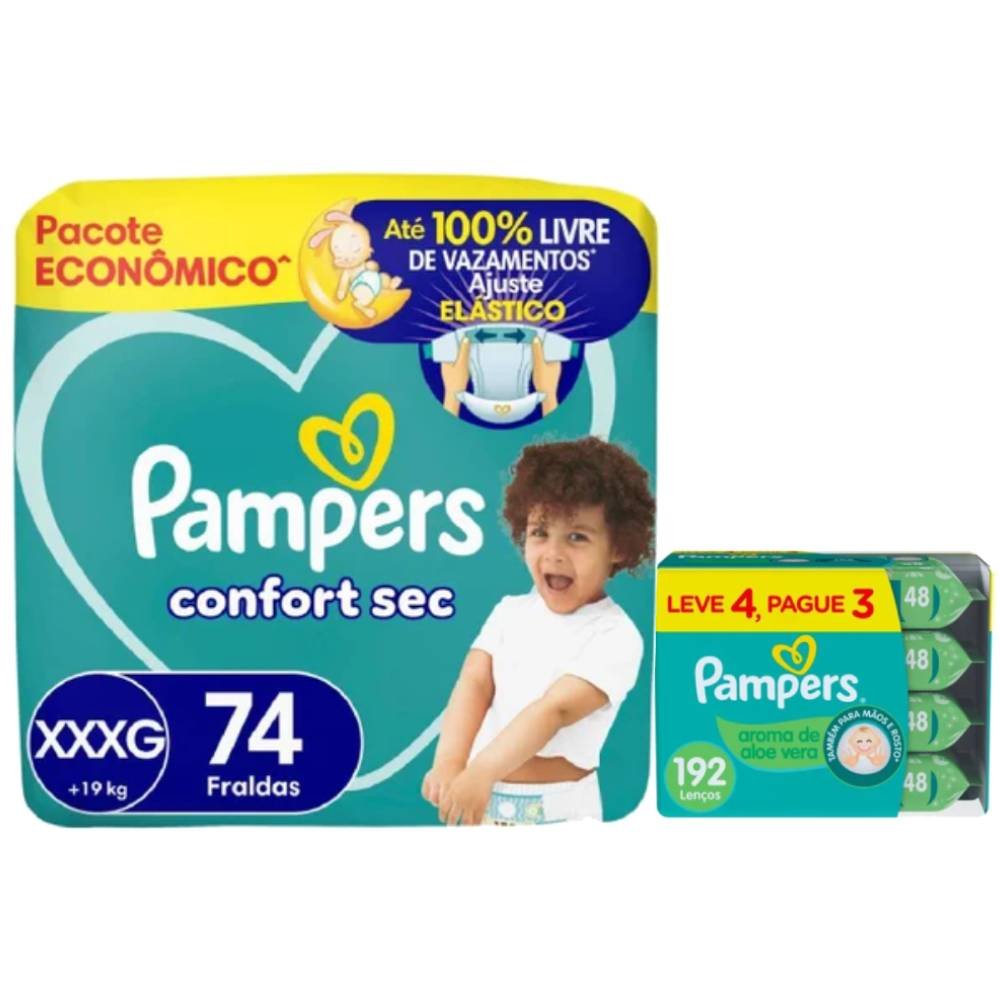 Kit Chá De Fralda Pampers Confort Sec Max Xxxg 74 Unidades + Lenços Umedecidos Aloe Vera Leve 4 Pague 3 Com 48 Unidades
