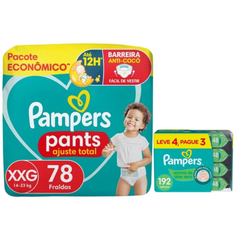Kit Chá De Fralda Pampers Pants Ajuste Total Xxg Com 78 Unidades + Lenços Umedecidos Aloe Vera Leve 4 Pague 3 Com 48 Unidades
