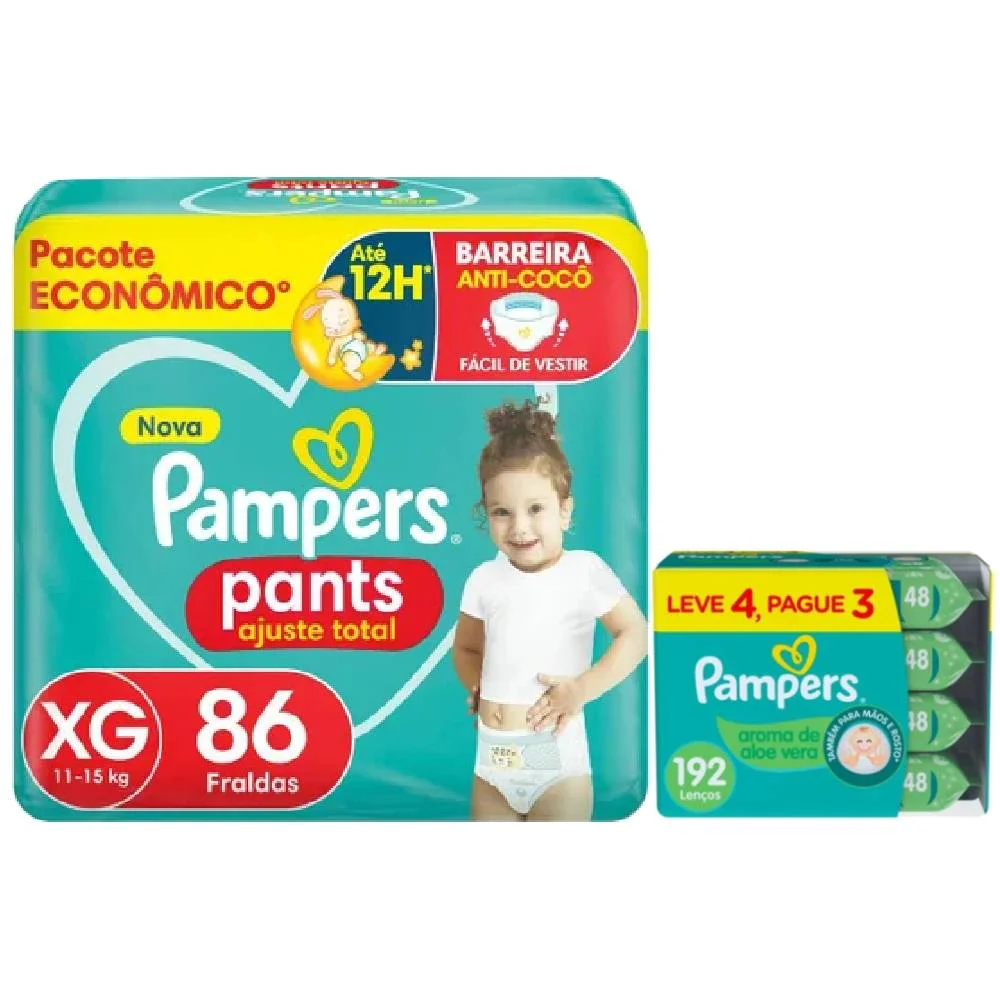 Kit Chá De Fralda Pampers Pants Ajuste Total Tamanho Xg 86 Unidades + Lenços Umedecidos Aloe Vera Leve 4 Pague 3 Com 48 Unidades