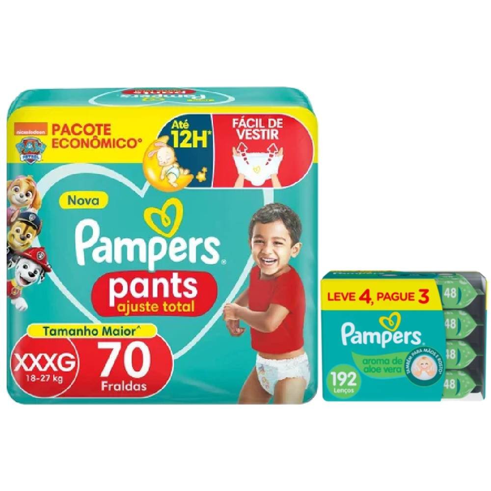 Kit Chá De Fralda Pampers Lenços Umedecidos Aloe Vera Leve 4 Pague 3 Com 48 Unidades + Fralda Pants Ajuste Total Xxxg 70 Unidades