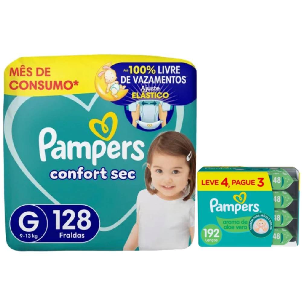 Kit Chá De Fralda Pampers Confort Sec Jumbo G 128 Unidades + Lenços Umedecidos Aloe Vera Leve 4 Pague 3 Com 48 Unidades