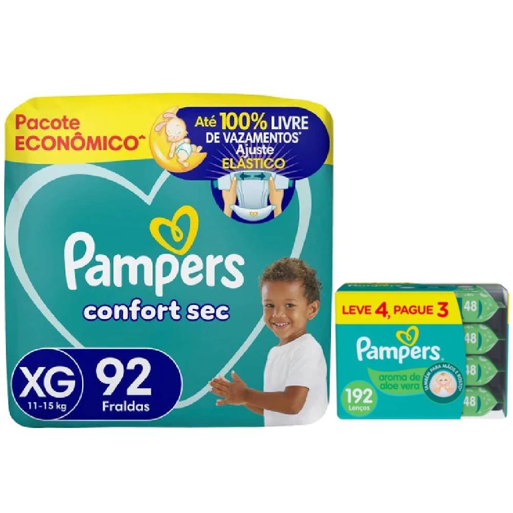 Kit Chá De Fralda Pampers Confort Sec Max Xg 92 Unidades + Lenços Umedecidos Aloe Vera Leve 4 Pague 3 Com 48 Unidades