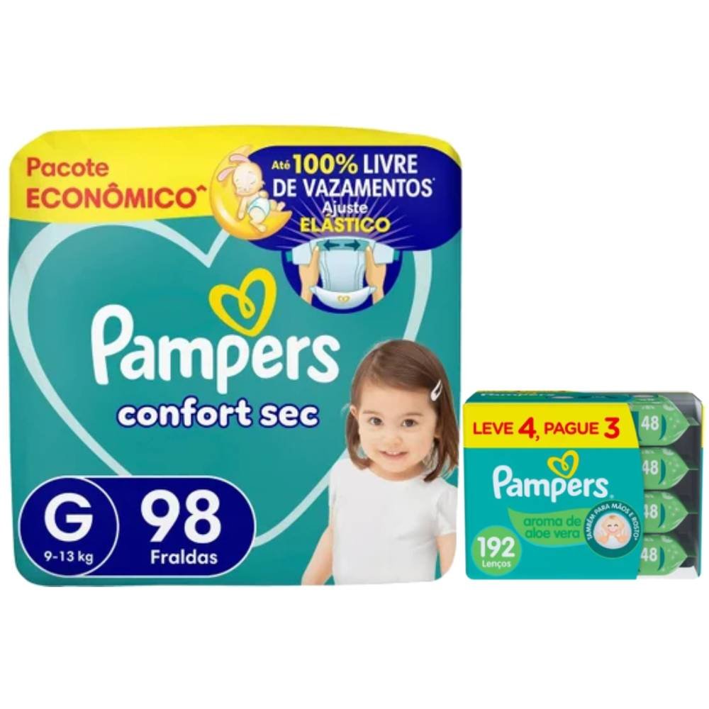 Kit Chá De Fralda Pampers Confort Sec Tamanho G 98 Unidades + Lenços Umedecidos Aloe Vera Leve 4 Pague 3 Com 48 Unidades