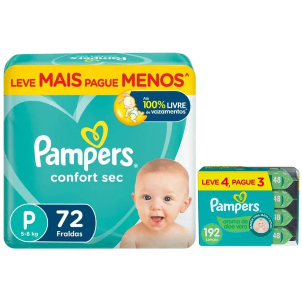 Kit Chá De Fralda Pampers Confort Sec Bag P 72 Unidades + Lenços Umedecidos Aloe Vera Leve 4 Pague 3 Com 48 Unidades