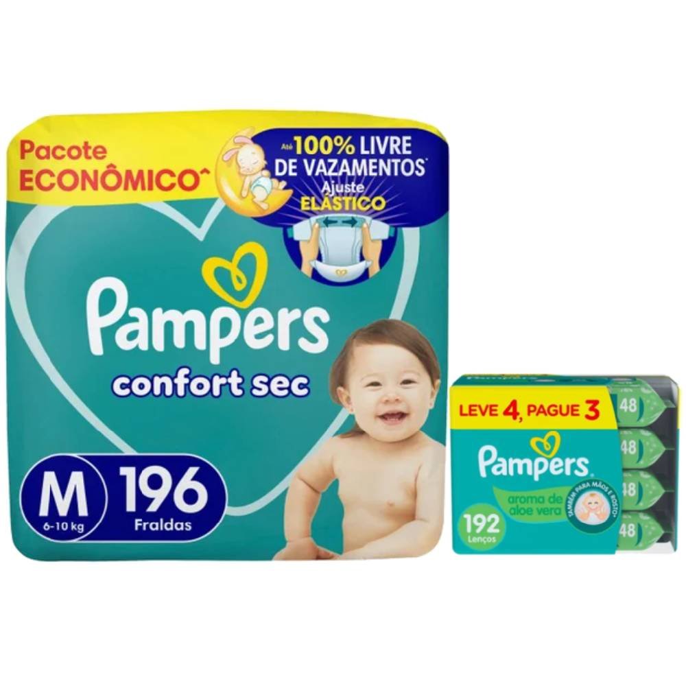 Kit Chá De Fralda Pampers Confort Sec Ultra M 196 Unidades + Lenços Umedecidos Aloe Vera Leve 4 Pague 3 Com 48 Unidades