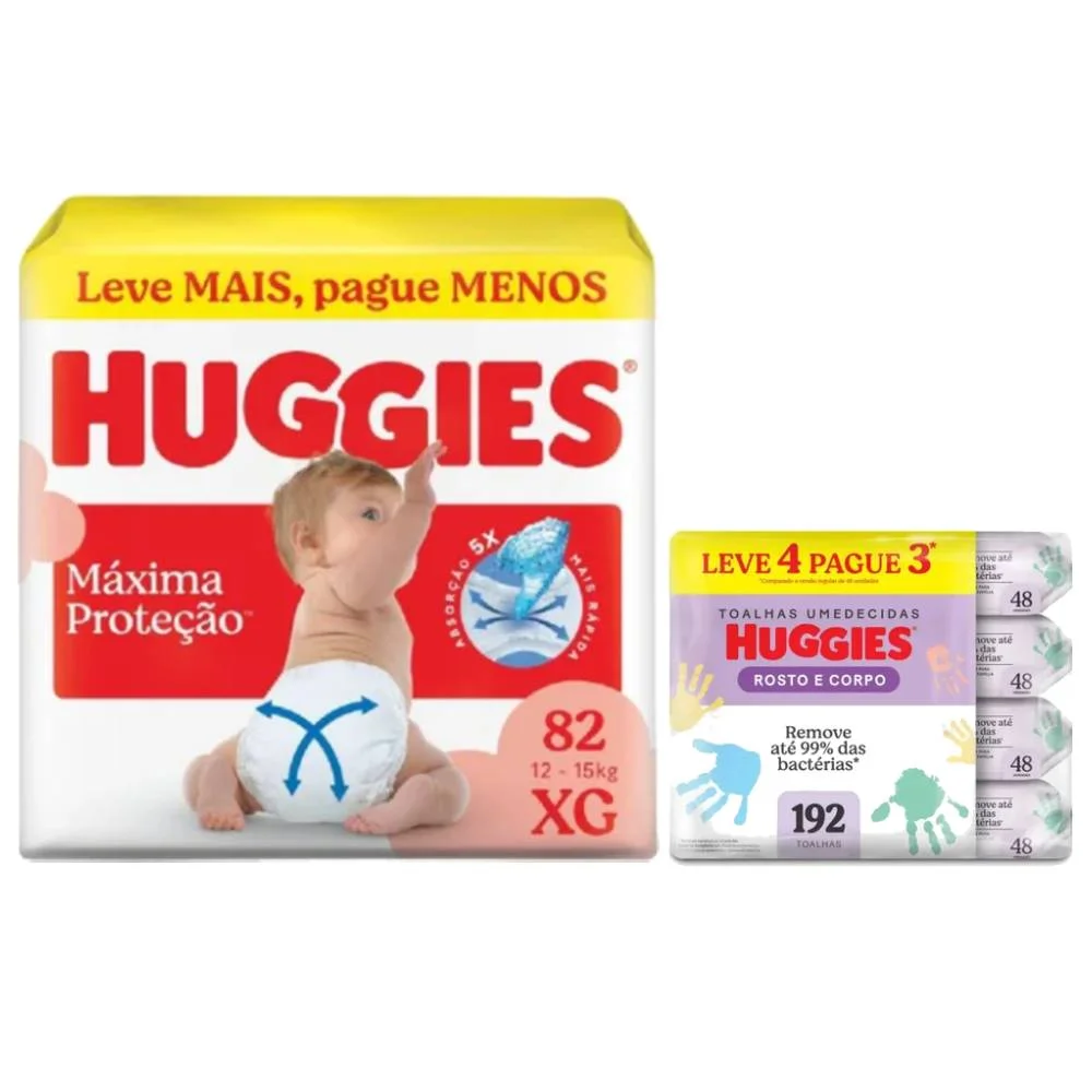 Kit Chá De Fralda Huggies Máxima Proteção Xg Max 82 Unidades + Lenços Umedecidos Rosto E Corpo Limpeza Leve 4 Pague 3 192 Unidades