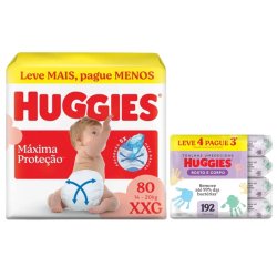 Kit Chá De Fralda Huggies Máxima Proteção Xxg Max 80 Unidades + Lenços Umedecidos Rosto E Corpo Limpeza Leve 4 Pague 3 192 Unidades