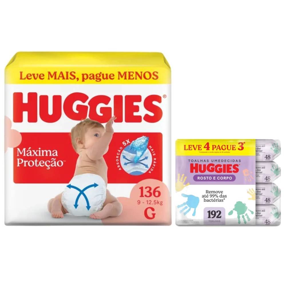 Kit Chá De Fralda Huggies Fralda Máxima Proteção Giga G Com 136 Unidades + Lenços Umedecidos Rosto E Corpo Limpeza Leve 4 Pague 3 192 Unidades
