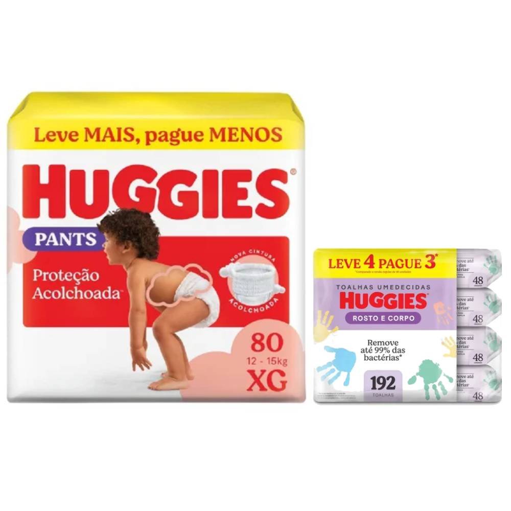 Kit Chá De Fralda Huggies Proteção Acolchoada Max Xg 80 Unidades + Lenços Umedecidos Rosto E Corpo Limpeza Leve 4 Pague 3 192 Unidades