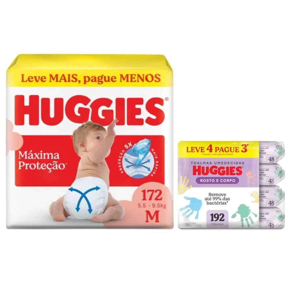 Kit Chá De Fralda Huggies Máxima Proteção Giga M Com 172 Unidades + Lenços Umedecidos Rosto E Corpo Limpeza Leve 4 Pague 3 192 Unidades